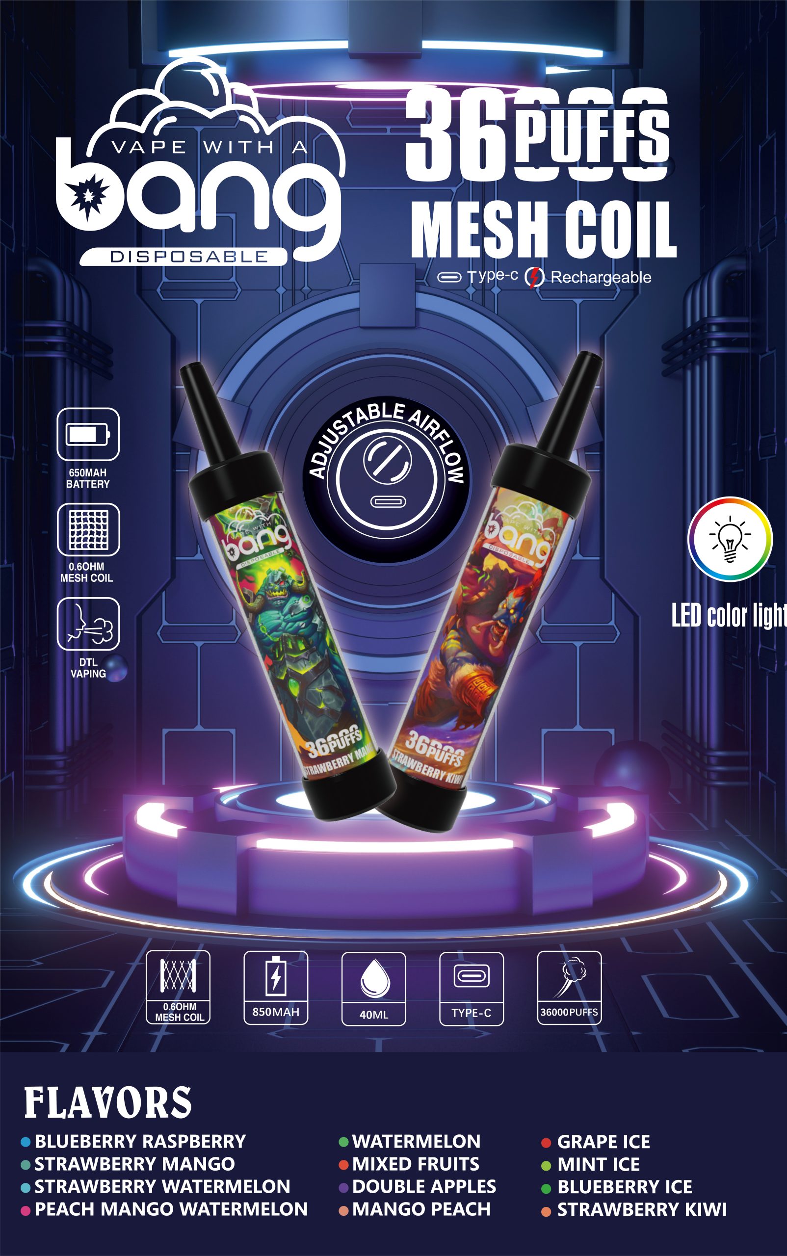 ilikevape.com Bang 36K(36000) Puffs DTL LED Color Light 40ml E-liquid Type-C Charging 0% 2% 3% 5% Nicotine Disposable Vape Pen