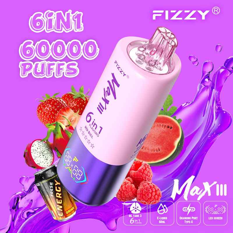 ilikevape.com Fizzy Max III 6in1 60K 60000 Puffs Rechargeable Disposable Vape – Strawberry Dragon Fruit & Red Bull & Raspberry Watermelon – 10pcs